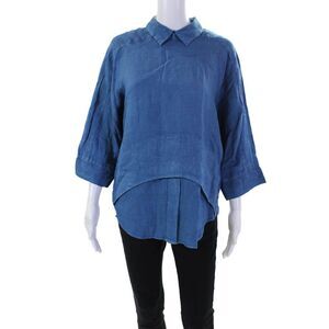 XACUS Donna Womens Back Zip 3/4 Sleeve Collared Linen Shirt Blue Size IT 38